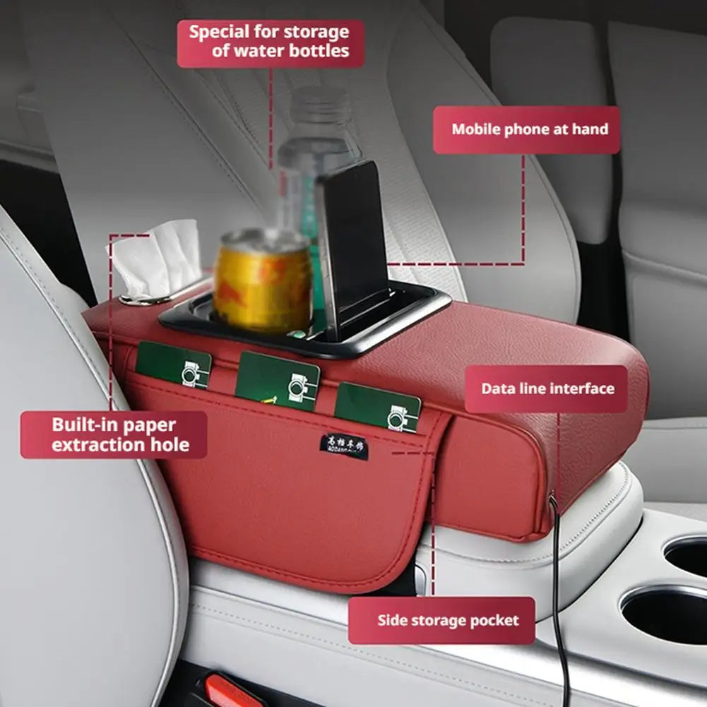 Multi-Functional Car Cup Holder & Armrest Organizer – Center Console Pad with Phone Storage - Delicate Leather  