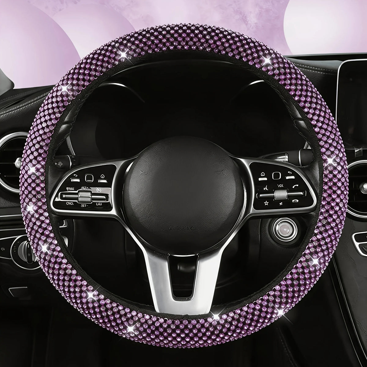 Rhinestone Car Steering Wheel Cover – O-Type Sparkly Diamond Non-Slip Grip - Delicate Leather