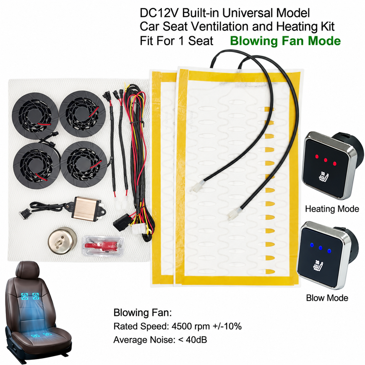 DC 12V Universal Car Seat Heating & Ventilation Kit for 1 Seat – Built-In Heater Pad with Fans & 3-Level Switch - Delicate Leather