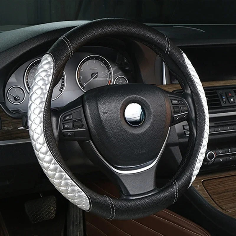 Universal Leather Steering Wheel Cover – Anti-Slip Steering Wheel Protector (37–38 cm) - Delicate Leather