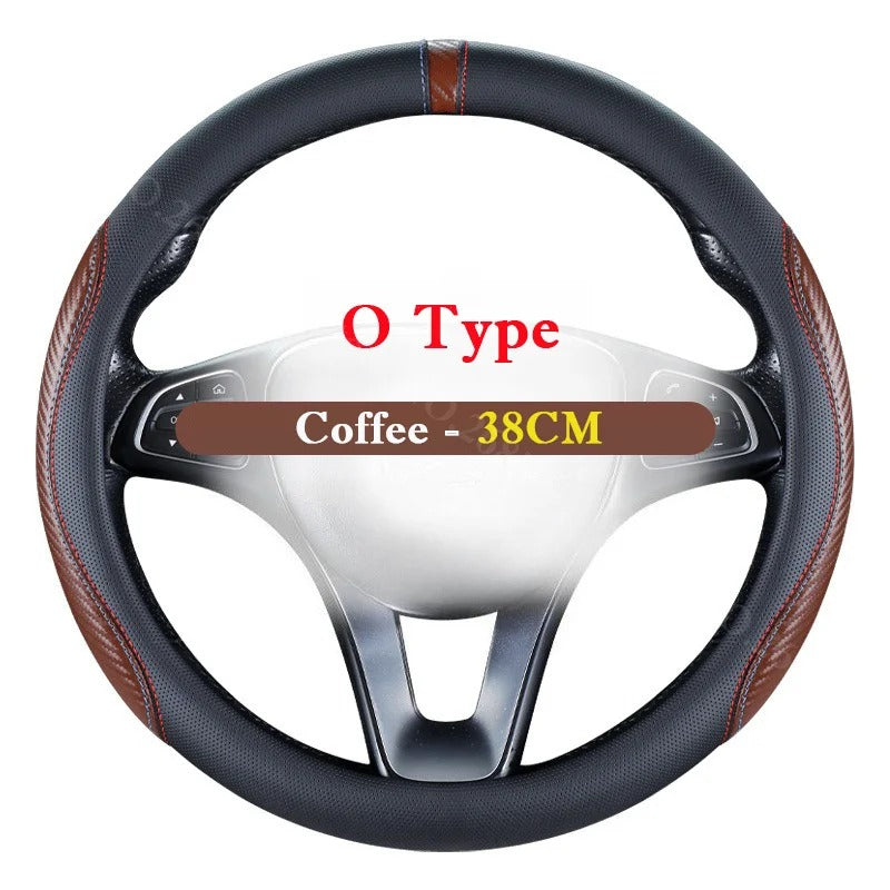 Carbon Fiber Style Steering Wheel Cover 36–38cm – Breathable Anti-Slip O/D-Shaped Grip - Delicate Leather