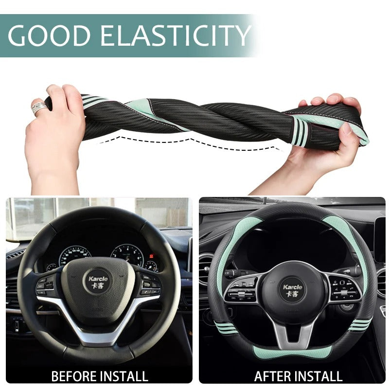 Universal 15-Inch Car Steering Wheel Cover – PU Leather with Carbon Fiber Pattern, Anti-Slip Design - Delicate Leather  