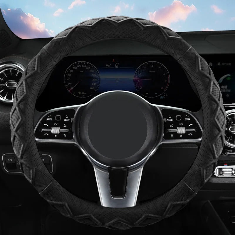 Rhombus Pattern PU Leather Steering Wheel Cover – O-Type Minimalist Non-Slip Grip - Delicate Leather