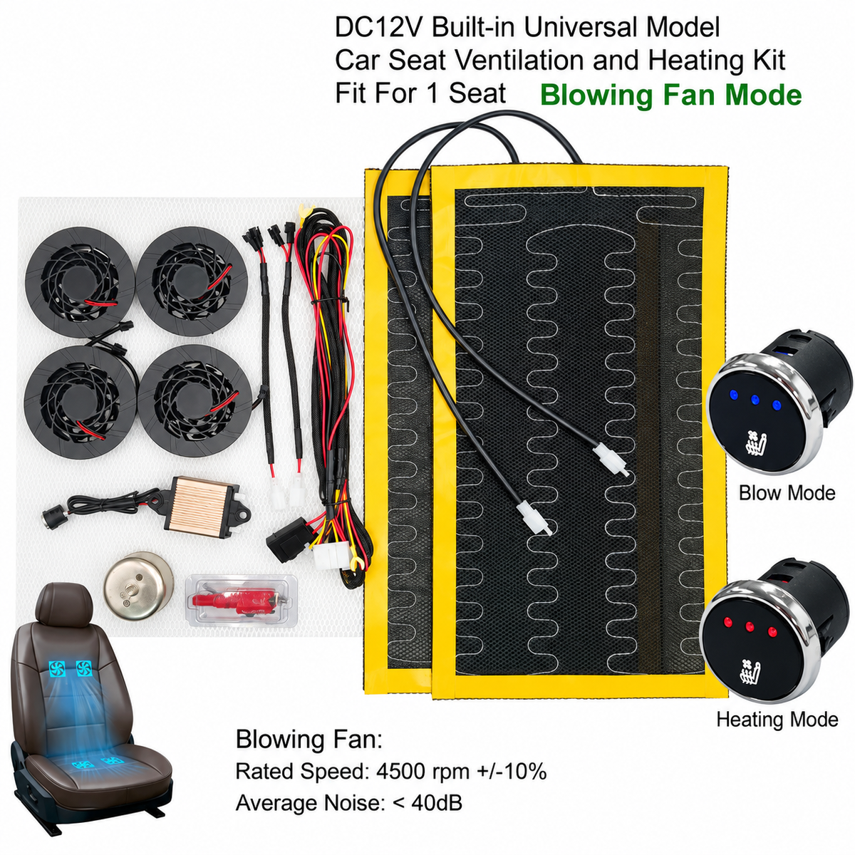 DC 12V Universal Car Seat Heating & Ventilation Kit for 1 Seat – Built-In Heater Pad with Fans & 3-Level Switch - Delicate Leather