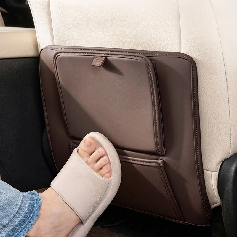 PU Leather Car Seat Back Protector – Anti-Kick Mat with Dual Storage Pockets