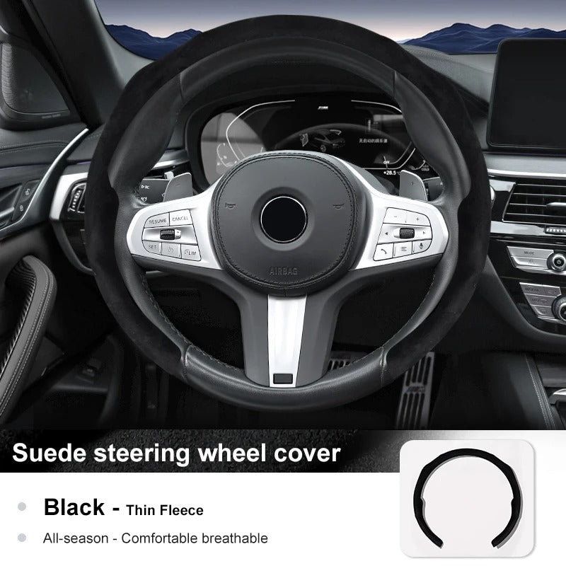 Suede Steering Wheel Cover – Ultra-Thin Anti-Slip Universal 38cm Fit - Delicate Leather  