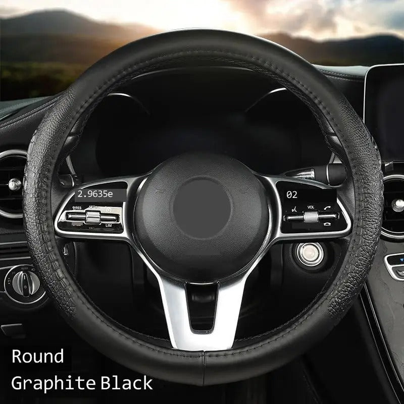 Crocodile Grain Genuine Leather Steering Wheel Cover – Textured Non-Slip Universal Fit 38 cm, Luxury Car Interior Accessory - Delicate Leather  