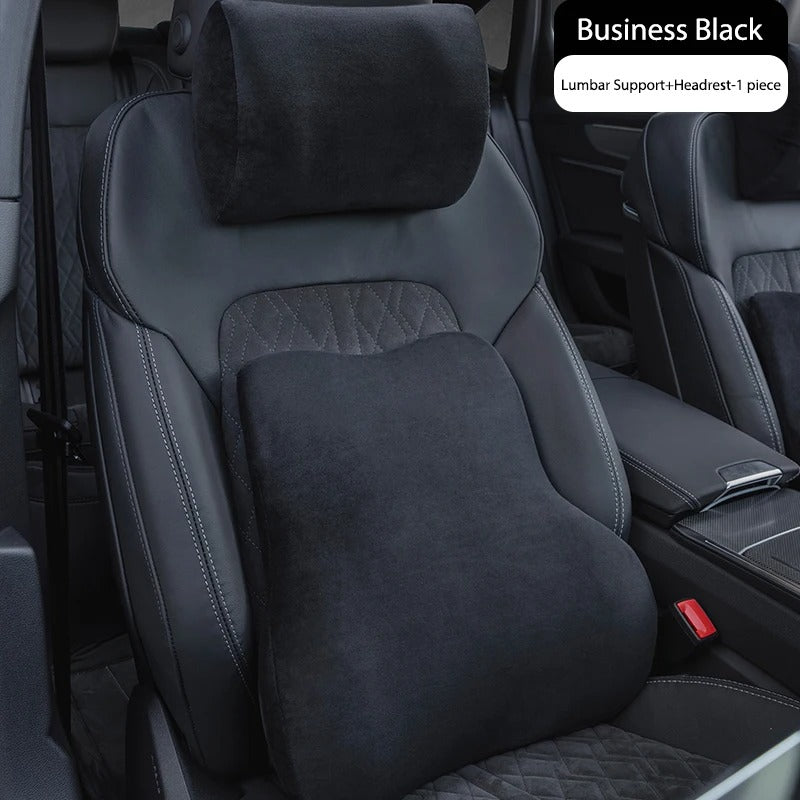 Suede Memory Foam Car Neck & Lumbar Support Pillow Set – Breathable Headrest Waist Cushion for Car Seats - Delicate Leather