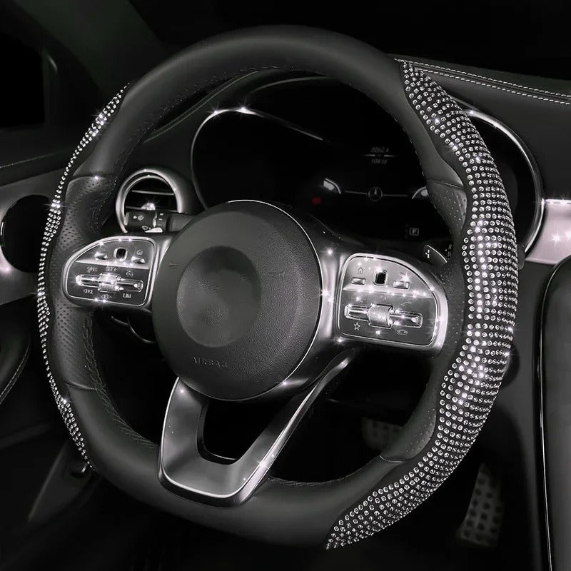 Diamond Accent Steering Wheel Cover – Universal Anti-Slip All-Season Interior Accessory - Delicate Leather  