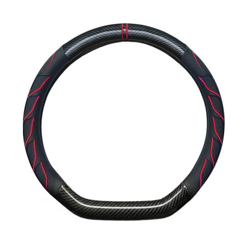 Carbon Fiber & Nappa Leather Steering Wheel Cover – Universal 38cm O/D Shape Anti-Slip Grip - Delicate Leather