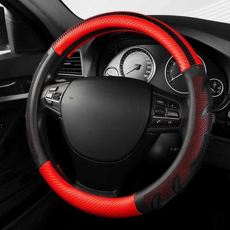 Carbon Fiber Steering Wheel Cover – Universal 38CM O/D Shape Honeycomb Non-Slip Grip - Delicate Leather