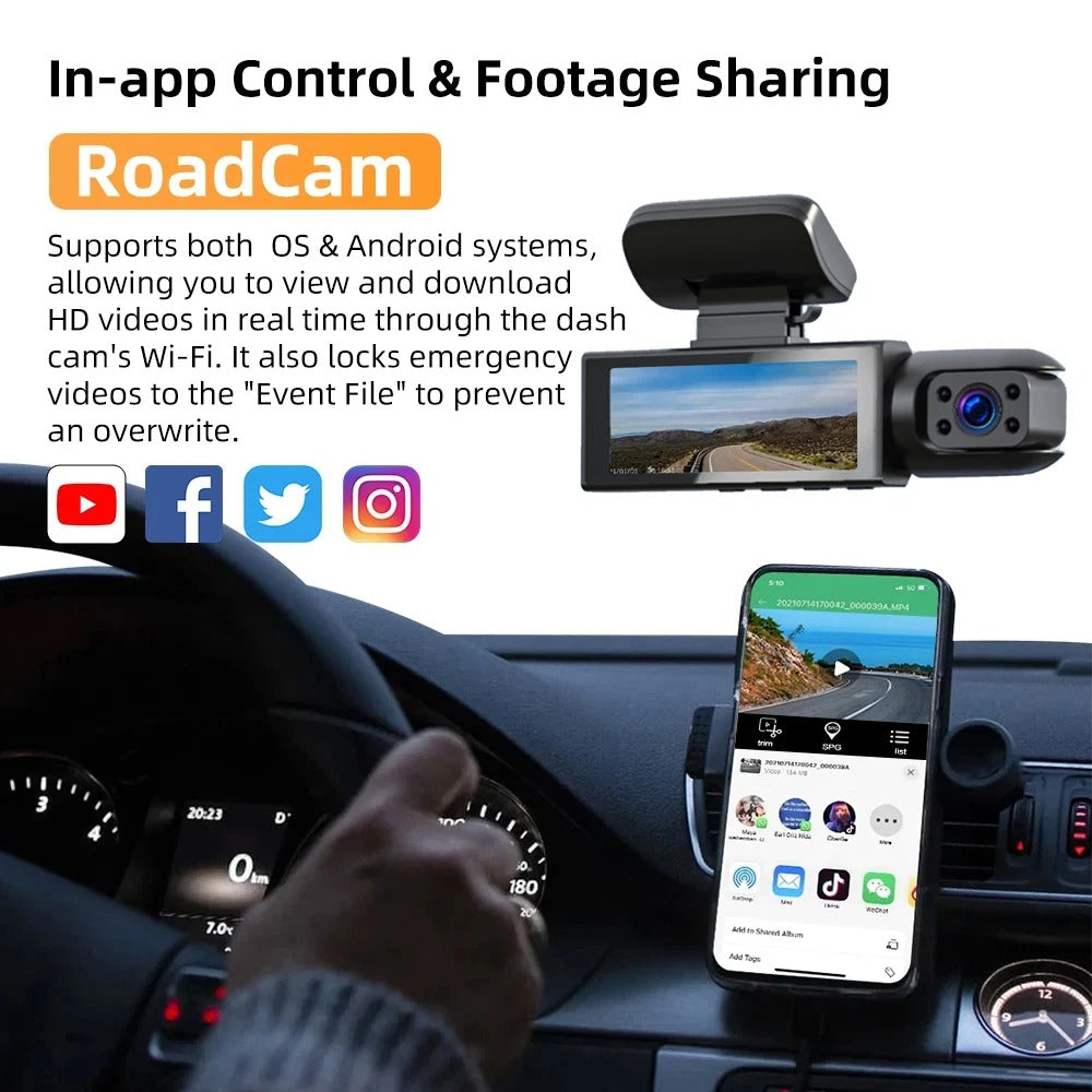 1080P WiFi Dual Camera Dash Cam, Front and Inside, with IR Night Vision and Loop Recording (Black)