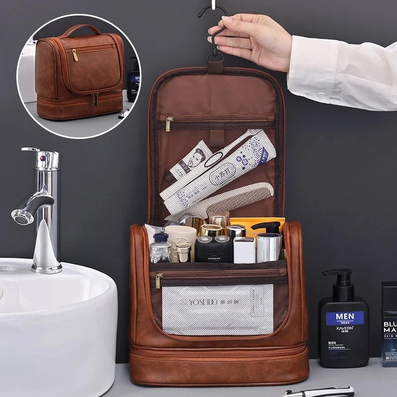 Men's PU Leather Toiletry Bag – Large Capacity Waterproof Travel Toiletry & Makeup Storage Bag with Handle - Delicate Leather