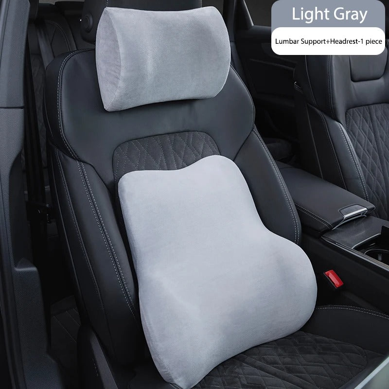 Suede Memory Foam Car Neck & Lumbar Support Pillow Set – Breathable Headrest Waist Cushion for Car Seats - Delicate Leather