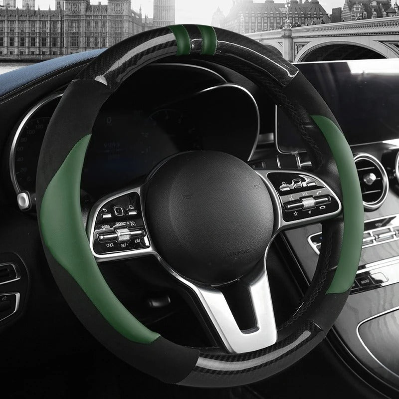 Color-Block Steering Wheel Cover – PU Leather & Suede with Carbon Fiber Style, Universal 14.5–15 Inch Fit