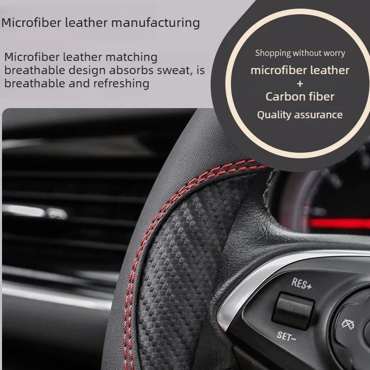 Microfiber Leather & Carbon Fiber Steering Wheel Cover – Universal O/D Shape Anti-Slip Grip - Delicate Leather