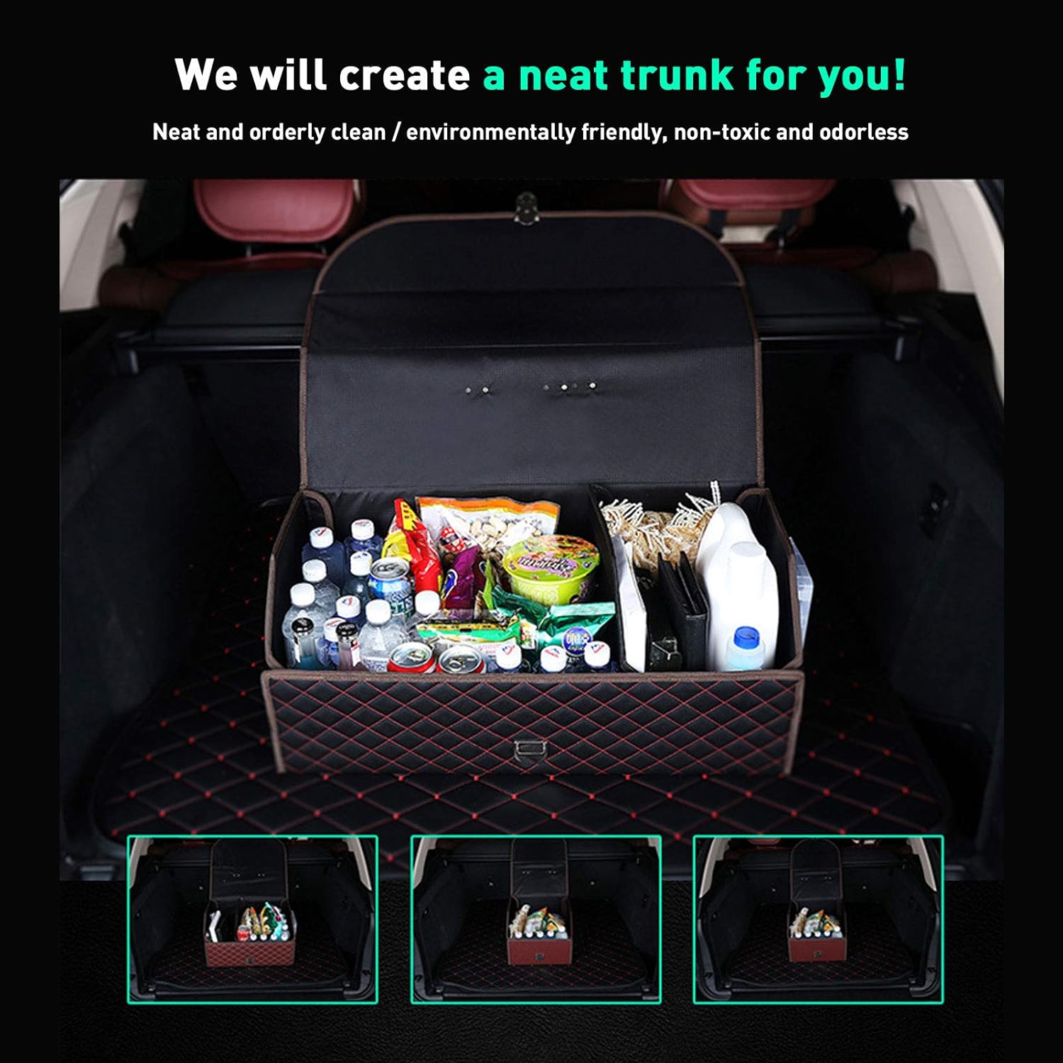 Folding Car Trunk Storage Box - Black, Universal Organizer and Bin with Handle for Cars, SUVs, Trucks, and Vans - Delicate Leather