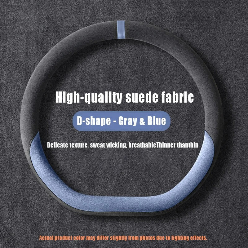 Premium Suede Steering Wheel Cover – D-Shape Anti-Slip Universal 15-Inch Fit - Delicate Leather  