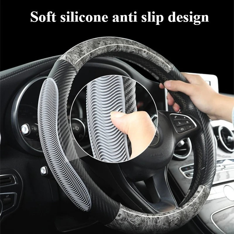 Carbon Fiber Steering Wheel Cover 38cm O/D Type – Universal Non-Slip Faux Leather Car Steering Wheel Protector - Delicate Leather