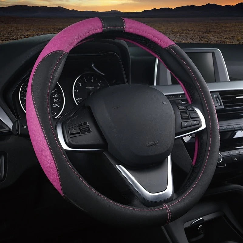 38CM Universal Faux Leather Steering Wheel Cover – Non-Slip Car Interior Handle Protector, All-Season Steering Wheel Wrap - Delicate Leather