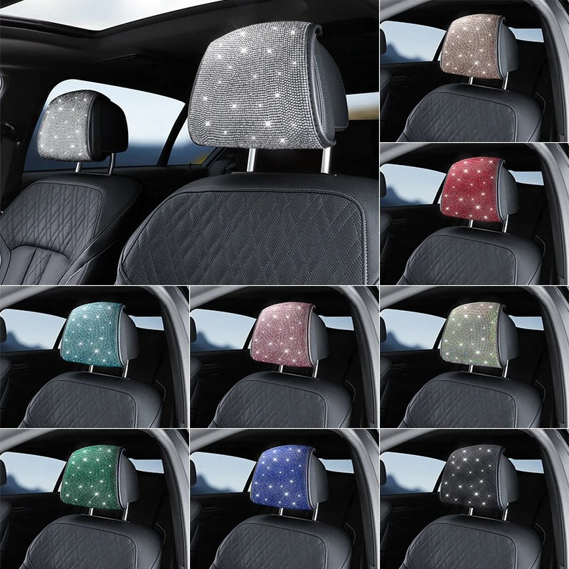 1PC Bling Car Seat Headrest Cover – Rhinestone Plush Headrest Cushion Protector Universal Auto Interior Accessory - Delicate Leather