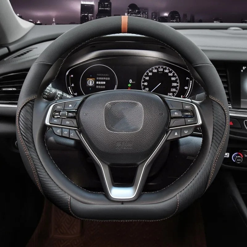 Microfiber Leather & Carbon Fiber Steering Wheel Cover – Universal O/D Shape Anti-Slip Grip - Delicate Leather