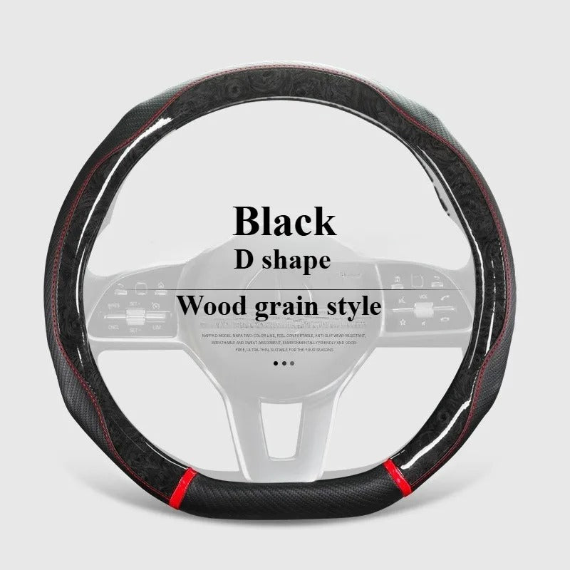 Wood Grain Leather Steering Wheel Cover – Universal 38CM Anti-Slip O/D Shape Grip - Delicate Leather
