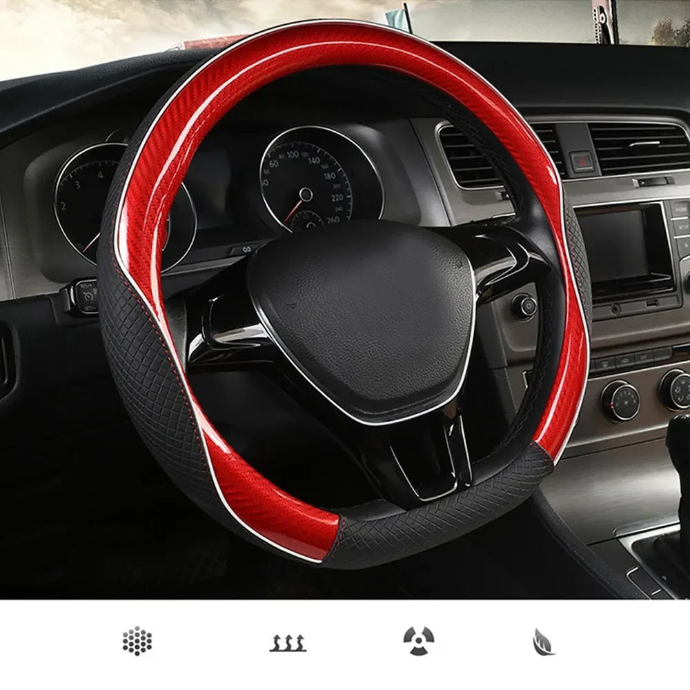 Carbon Fiber Microfiber Leather Steering Wheel Cover – Universal 37–38CM Non-Slip Grip - Delicate Leather
