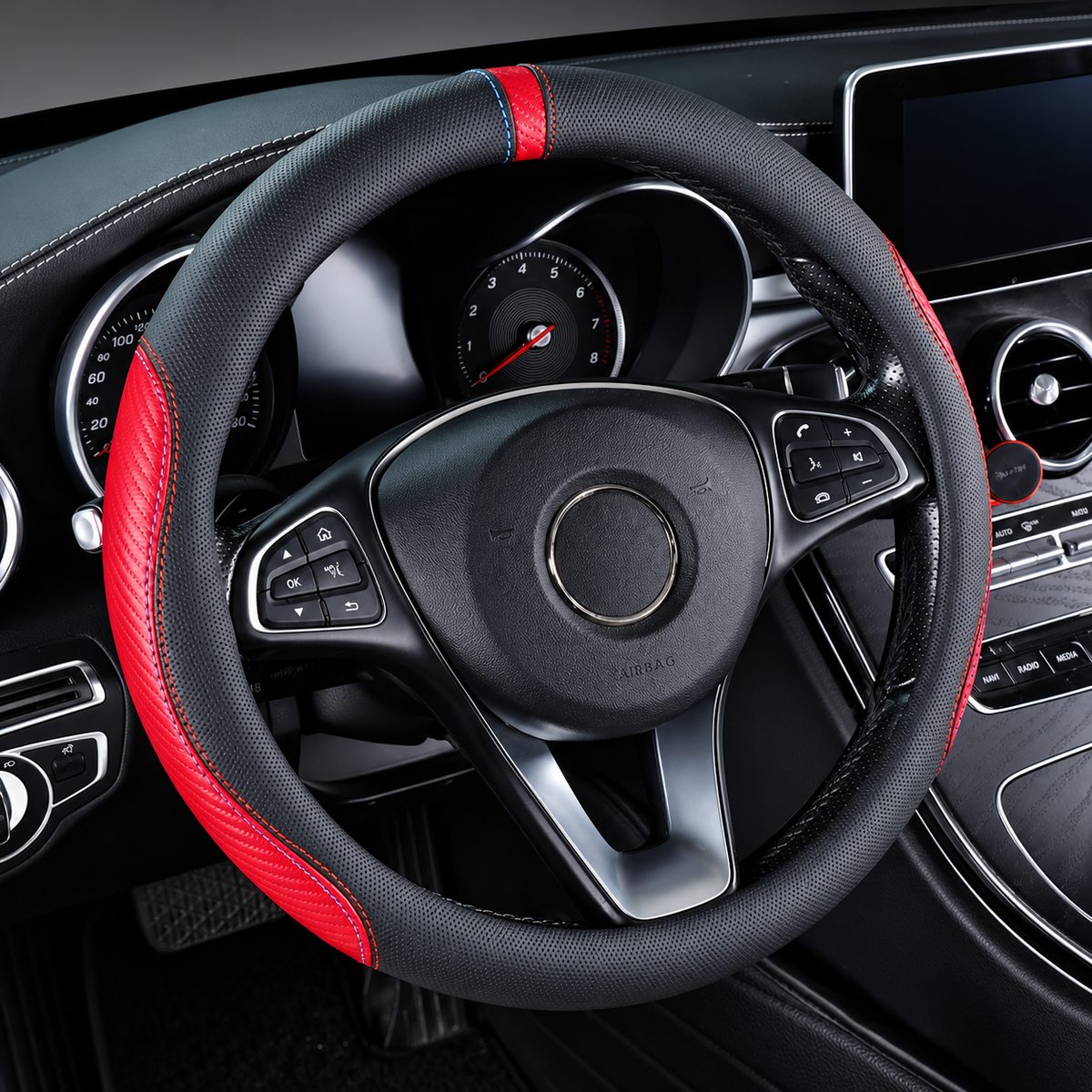 Carbon Fiber Style Steering Wheel Cover 36–38cm – Breathable Anti-Slip O/D-Shaped Grip - Delicate Leather