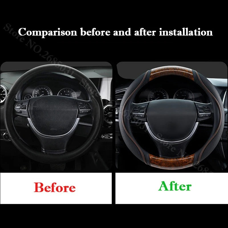 Truck Wood Grain Leather Steering Wheel Cover – 38–50 cm for Lorry, Van & Bus - Delicate Leather