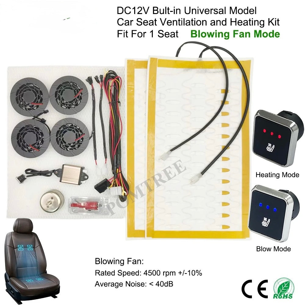 DC 12V Universal Car Seat Heating & Ventilation Kit for 1 Seat – Built-In Heater Pad with Fans & 3-Level Switch - Delicate Leather