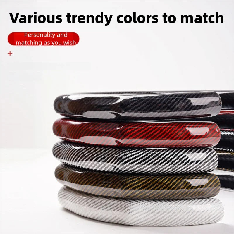 5D Laser Carbon Fiber Pattern Steering Wheel Cover – Universal 38cm Fit, Anti-Slip Synthetic Material - Delicate Leather  