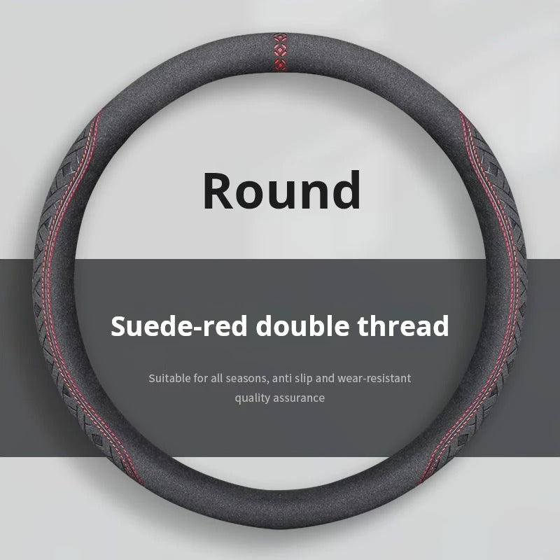 All-Season Suede and Nappa Leather Steering Wheel Cover – Ultra-Thin, Breathable, Non-Slip Universal Fit 38 cm - Delicate Leather  