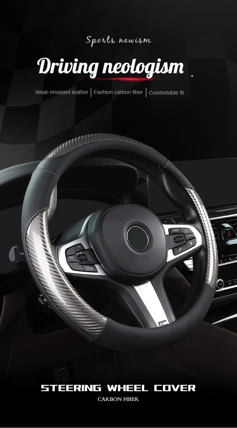 Carbon Fiber & Leather Steering Wheel Cover – Sports Style, O-Shape, Breathable & Non-Slip Rubber Inner Ring, Universal 37–38 cm Four-Season - Delicate Leather  