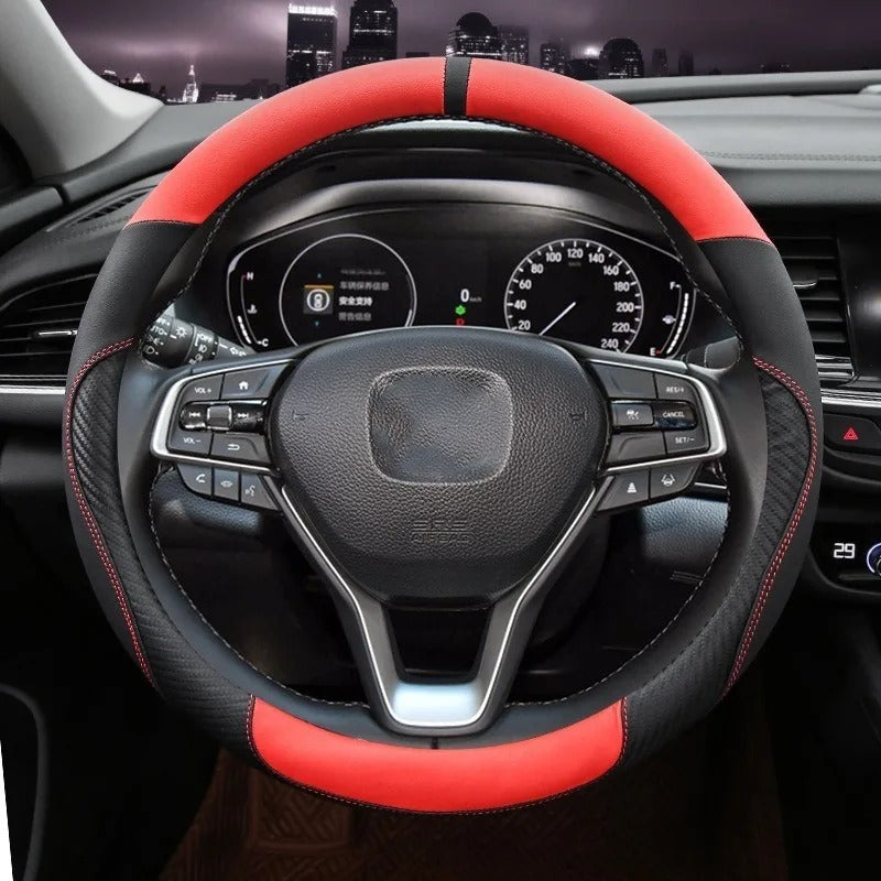 Microfiber Leather & Carbon Fiber Steering Wheel Cover – Universal O/D Shape Anti-Slip Grip - Delicate Leather