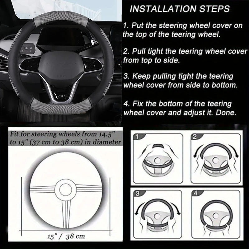 D-Shape Ice Silk & Leather Steering Wheel Cover – Universal 14.5–15 Inch Anti-Slip Grip - Delicate Leather