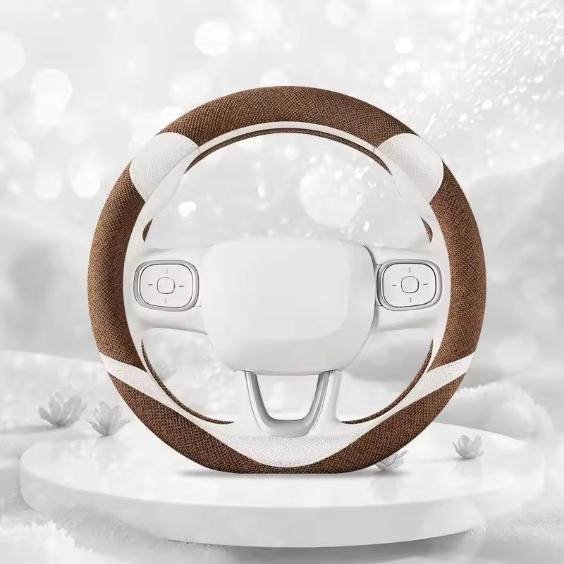 Kawaii Linen Steering Wheel Cover – Cute Bear Ear Universal 38CM Non-Slip Grip - Delicate Leather