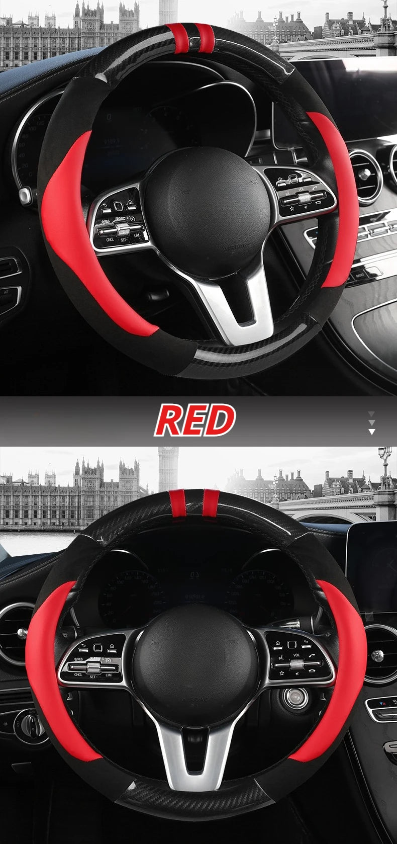 Color-Block Steering Wheel Cover – PU Leather & Suede, Carbon Fiber Style, 14.5–15 Inch Fit - Delicate Leather  