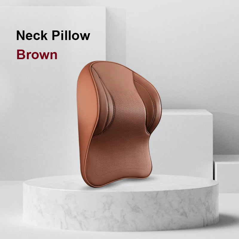 Memory Foam Car Neck Pillow & Lumbar Support Set – Breathable Seat Comfort Cushion - Delicate Leather  