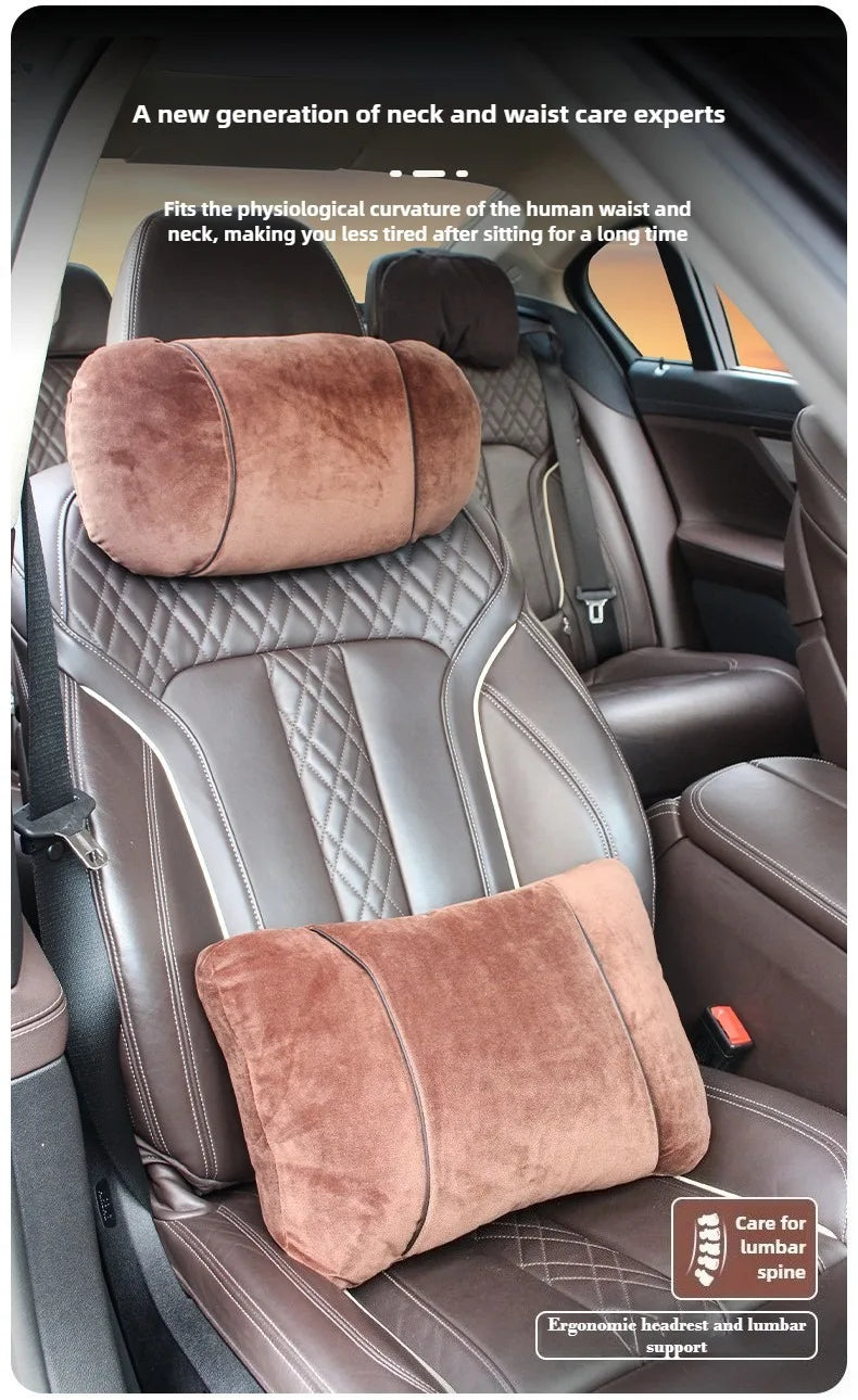 Plush Car Headrest & Lumbar Support Pillow Set – Soft Neck and Waist Seat Cushions - Delicate Leather  