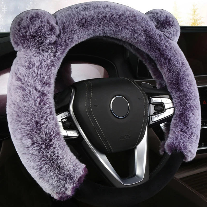 Winter Plush Steering Wheel Cover – Soft Faux Rabbit Fur, Cute Ear Design, Universal Fit 37–38cm - Delicate Leather  