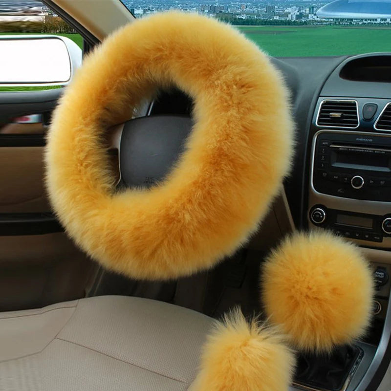 Winter Plush Steering Wheel Cover Set – Fluffy Fleece Warm Non-Slip Handle Cover, Universal Fit - Delicate Leather  