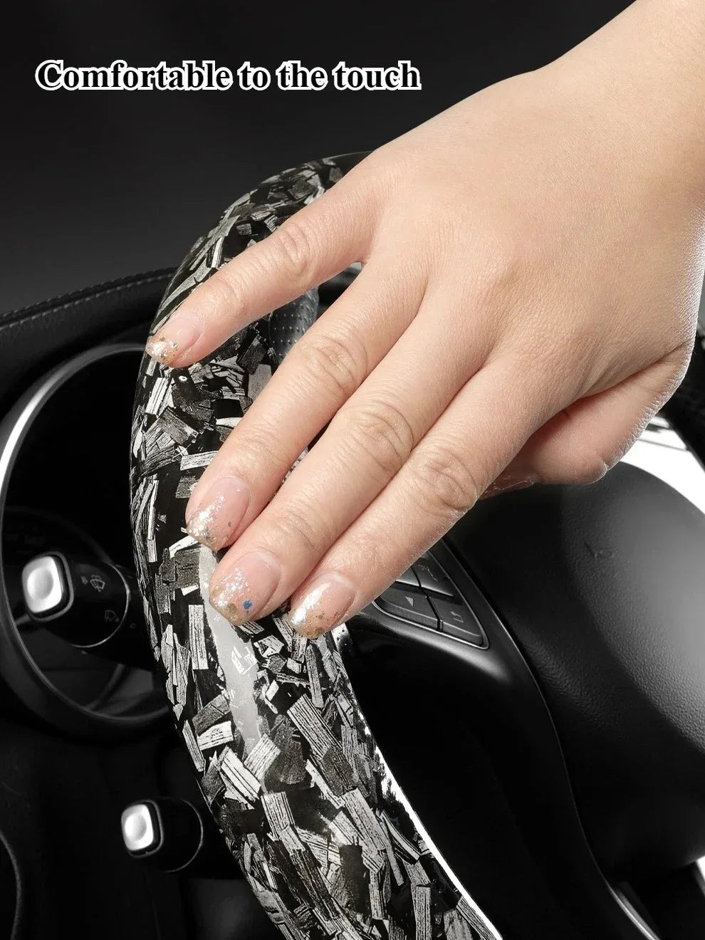 Luxury Glitter Forged Carbon Fiber Steering Wheel Cover – 3D Textured, Anti-Slip, Universal Fit & Easy Installation