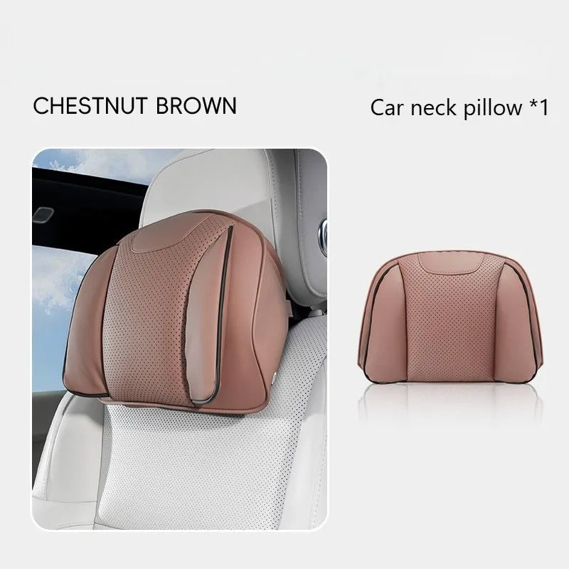 Nappa Leather Car Headrest & Lumbar Support Pillow Set – Universal Neck & Back Cushion - Delicate Leather