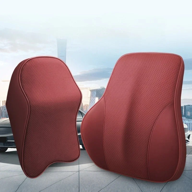3D Nappa PU Leather Memory Foam Car Headrest & Lumbar Support Cushion - Delicate Leather