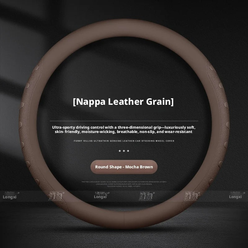 Nappa Leather Steering Wheel Cover – Universal Round & D-Shape Anti-Slip All-Season Grip - Delicate Leather  