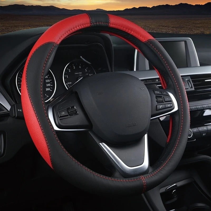 38CM Universal Faux Leather Steering Wheel Cover – Non-Slip Car Interior Handle Protector, All-Season Steering Wheel Wrap - Delicate Leather