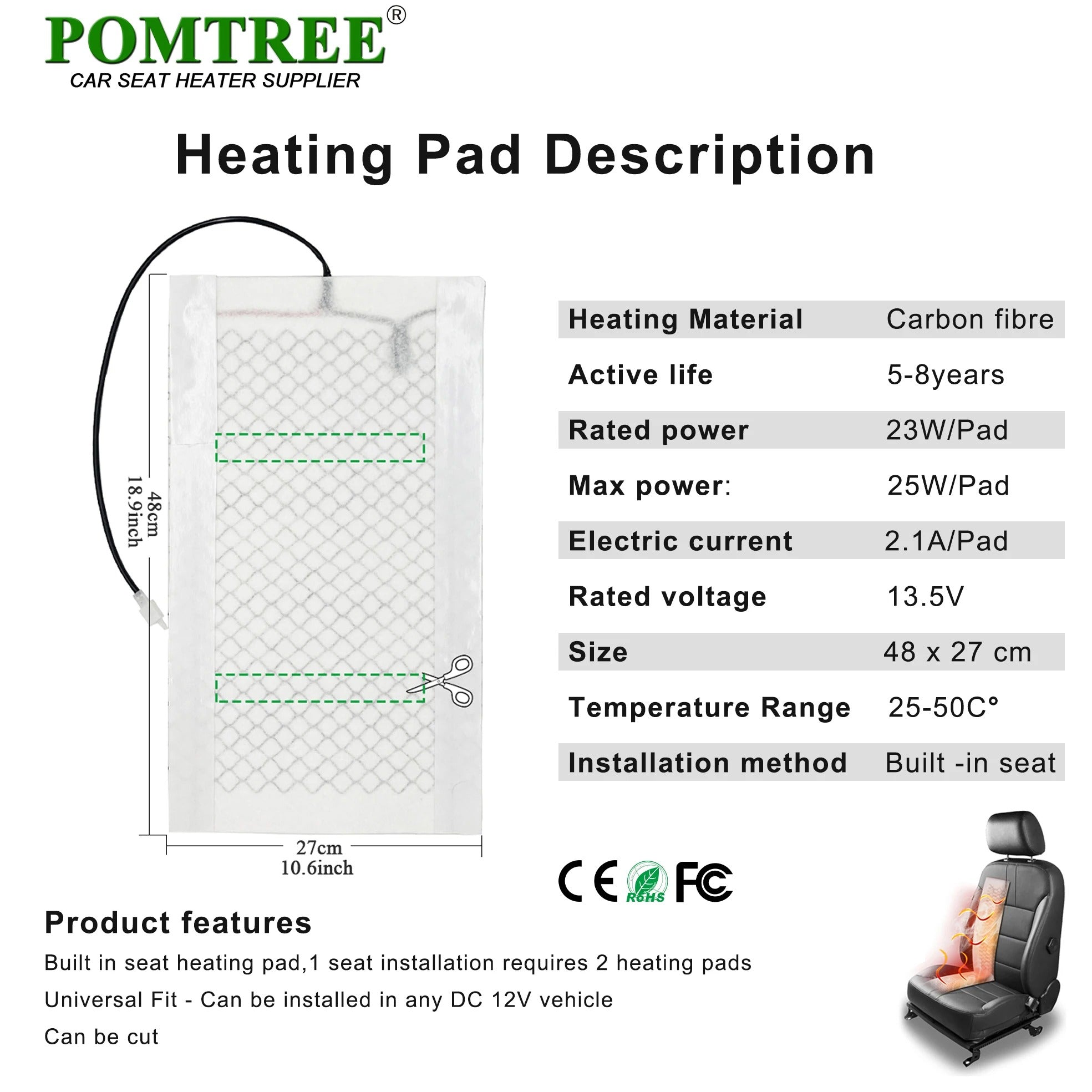 12V 25W Universal Car Seat Heater Kit for 2 Seats – Carbon Fiber Heating Pads with Dual Control & Memory Mode - Delicate Leather