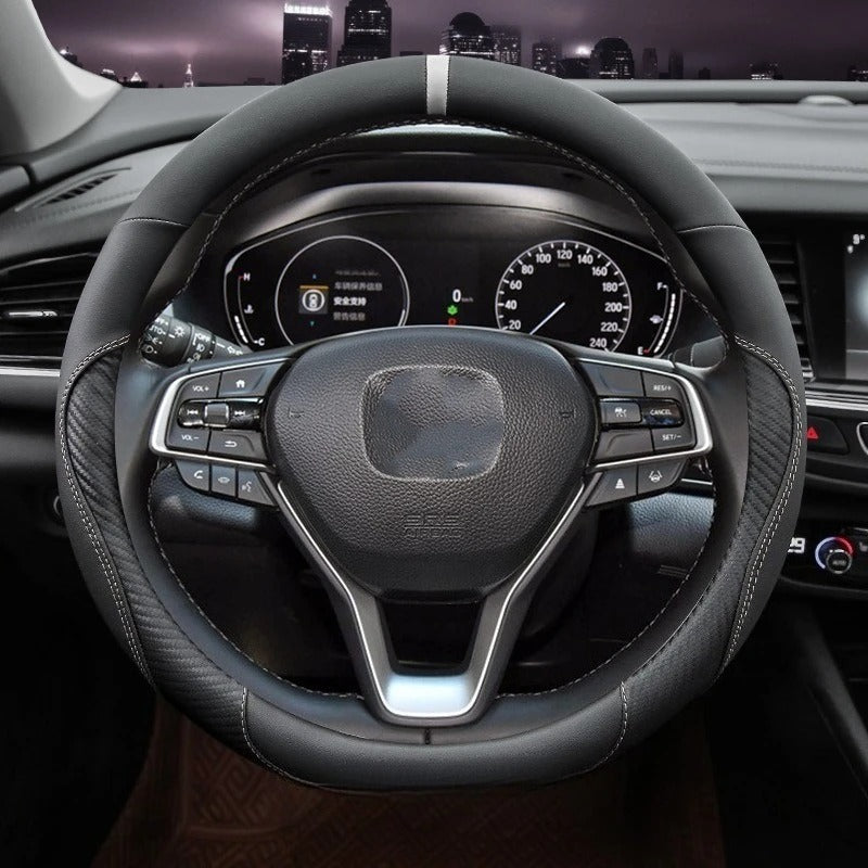 Microfiber Leather & Carbon Fiber Steering Wheel Cover – Universal O/D Shape Anti-Slip Grip - Delicate Leather