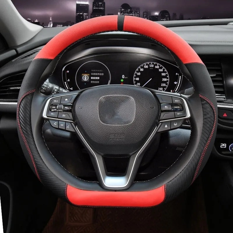 Microfiber Leather & Carbon Fiber Steering Wheel Cover – Universal O/D Shape Anti-Slip Grip - Delicate Leather
